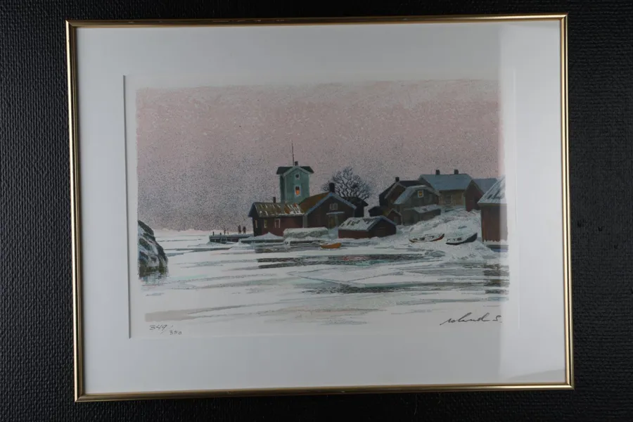ROLAND SVENSSON, färglitografi, vintermotiv från skärgården, signerad